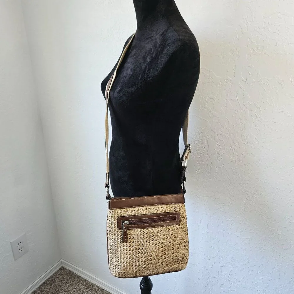 Chaps Straw & Faux Leather Crossbody Bag satchel purse Boho Cottage core Hippie - Picture 6 of 16